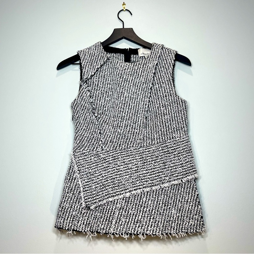 3.1 Phillip Lim Wool Blend Tweed Fringe Trim Sleeveless Top Black White Size 0
